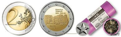 Commémorative 2 euros Malte 2016 UNC - Temples de Ggantija - (issue du rouleau)