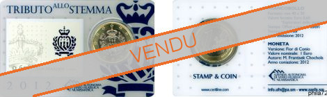 StampCoincard Saint-Marin pièce 1 euro 2012 CC et timbre 0.60 embleme - Série touristique verso fond blanc