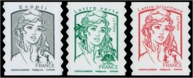 Série Marianne et la Jeunesse par Ciappa et Kawena sans mention 20g tirage autoadhésif - 3 timbres gris, vert et rouge provenant de feuille entreprise (support blanc)