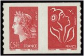 Paire horizontale Marianne de Cheffer et Lamouche tirage autoadhésif - 0.54€ rouge et sans valeur rouge provenant de carnet