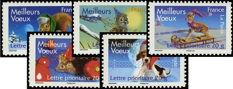 Série du carnet Meilleurs Voeux 2008 animaux tirage autoadhésif - 5 timbres TVP 20g - lettre prioritaire multicolore provenant de carnet (demi-carnet)