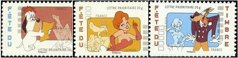 Série fête du timbre Tex Avery tirage autoadhésif - 3 timbres TVP 20g - lettre prioritaire multicolore provenant de carnet