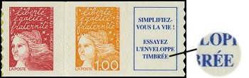 Luquet type II tirage autoadhésif - sans valeur rouge et 1.00f orange avec vignette provenant de carnet