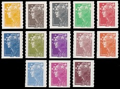 Série Mariannes de Beaujard tirage autoadhésif - 13 timbres multicolore provenant de feuille entreprise dont N° 175a et N° 179a (support blanc)