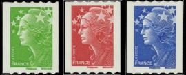 Série Mariannes de Beaujard tirage autoadhésif - 3 timbres multicolore provenant des roulettes entreprises (support blanc)