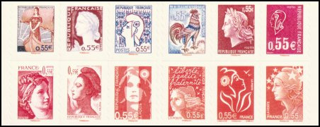 Visages de la Cinquième République tirage autoadhésif - 12 timbres mixtes à 0.55€ provenant de carnet