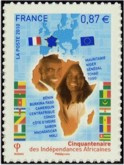 Cinquantenaire des Indépendances Africaines tirage autoadhésif - 0.87€ multicolore provenant de feuille entreprise (support blanc)