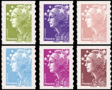 Série Marianne de Beaujard 2010 tirage autoadhésif - 6 timbres multicolore provenant de feuille entreprise (support blanc)