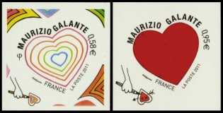 Paire Coeurs Galante tirage autoadhésif - 0.58€ et 0.95€ multicolore provenant de feuille entreprise (support blanc)