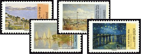 Série Impressionnisme Cézanne, Pissarro, Monnet et Van Gogh tirage autoadhésif - 4 timbres TVP 20g - lettre verte multicolore provenant de feuille entreprise (support blanc)