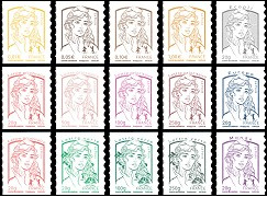 Série Marianne et la Jeunesse par Ciappa et Kawena tirage autoadhésif - 15 timbres multicolore provenant de feuille entreprise (support blanc)