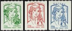 Série Marianne et la Jeunesse tirage autoadhésif - 3 timbres multicolore provenant des roulettes entreprises (support blanc)