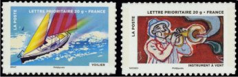 Paire Fête du timbre - Le timbre fête l'air - le Voilier et Instrument à vent tirage autoadhésif - TVP 20g - lettre prioritaire multicolore provenant de feuille entreprise (support blanc)