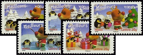 Série Meilleurs Voeux 2007 - pingouins tirage autoadhésif - 5 timbres TVP 20g - lettre prioritaire multicolore provenant de carnet (demi-carnet)