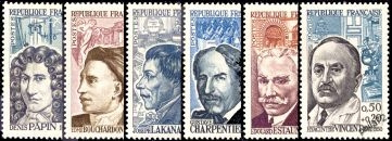Série personnages célèbres - 6 timbres D.Papin, E.Bouchardon, J.Lakanal, G.Charpentier, E.Estaunié et H.Vincent