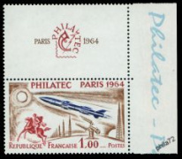 Timbre PhilatecParis 1964 - 1.00f brun, bleu-foncé et carmin provenant du bloc feuillet n°6