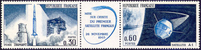 Fusée Diamant et Satellite A1 se tenant - 0.60f bleu-noir, bleu et bleu-vert