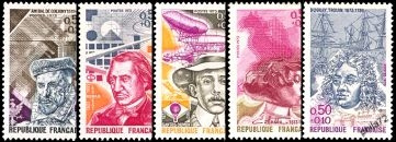 Série personnages célèbres - 5 timbres - Amiral de Coligny, Ernest Renan, Santos-Dumont, Colette et Duguay-Trouin