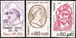 Série personnages célèbres - 3 timbres Maréchal Moncey, Max Jacob et Mounet-Sully