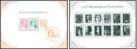 Lot 2 blocs feuillets Marianne de la Ve République au fil du timbre - bloc feuillet de 12 timbres + bloc feuillet 3 timbres