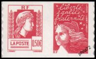 Paire horizontale Marianne d'Alger et Luquet tirage autoadhésif - 0.50€ rouge et sans valeur rouge provenant de carnet