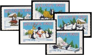 Série Meilleurs Voeux pingouins tirage autoadhésif - 5 timbres TVP 20g - lettre prioritaire multicolore provenant de carnet (demi-carnet)