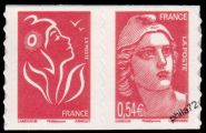 Paire horizontale Marianne de Gandon et Lamouche tirage autoadhésif - 0.54€ rouge et sans valeur rouge provenant de carnet