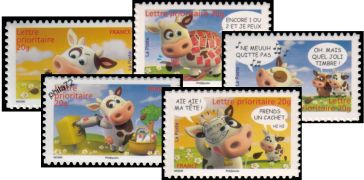 Série du carnet Sourires de la vache tirage autoadhésif - 5 timbres TVP 20g - lettre prioritaire multicolore provenant de carnet (demi-carnet)