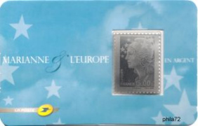 Marianne Europe de Beaujard tirage autoadhésif - 5.00€ argent mention Philaposte présenté sous blister
