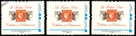 Série MTM tirage autoadhésif - 3 timbres format horizontal logo privé (patrimoine) cadre bleu