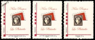 Série MTM tirage autoadhésif - 3 timbres format vertical logo privé (notre passion) cadre rouge