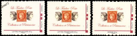 Série MTM tirage autoadhésif - 3 timbres format horizontal logo privé (patrimoine) cadre rouge