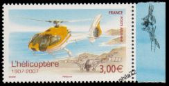 Centenaire de l'hélicoptère - 3.00€ multicolore provenant du bloc feuillet avec marge illustrée