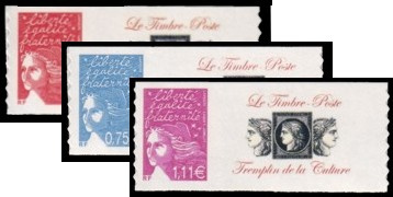 Série Luquet tirage autoadhésif - TVP rouge, 0.75€ bleu ciel et 1.11€ lilas logo privé (culture)