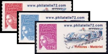 Série Luquet tirage autoadhésif - TVP rouge, 0.75€ bleu ciel et 1.11€ lilas logo privé (phila72)