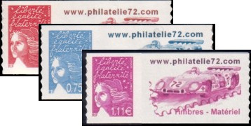 Série Luquet tirage autoadhésif - TVP rouge, 0.75€ bleu ciel et 1.11€ lilas logo privé (phila72 unicolore)
