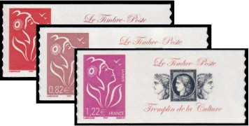 Série Lamouche tirage autoadhésif - TVP rouge, 0.82€ lilas-brun et 1.22€ lilas logo privé (culture)