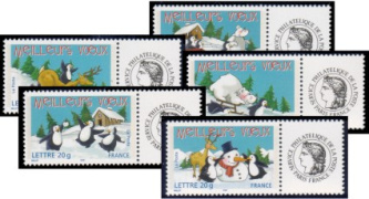 Série Meilleurs Voeux Pingouins tirage gommé - 5 tmbres TVP 20g - lettre prioritaire multicolore logo Cérès