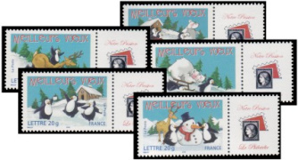 Série Meilleurs Voeux Pingouins tirage gommé - 5 tmbres TVP 20g - lettre prioritaire multicolore logo privé (notre passion)