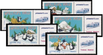Série Meilleurs Voeux Pingouins tirage gommé - 5 tmbres TVP 20g - lettre prioritaire multicolore logo privé (phila72)