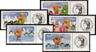 Série Meilleurs Voeux Manchots et Renne tirage gommé - 5 timbres TVP 20g - lettre prioritaire multicolore logo Cérès