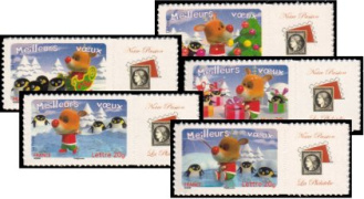 Série Meilleurs Voeux Manchots et Renne tirage autoadhésif - TVP 20g - lettre prioritaire multicolore 5 timbres logo privé (notre passion)