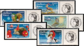 Série Meilleurs Voeux Animalier tirage gommé - 5 timbres TVP 20g - lettre prioritaire multicolore logo Cérès