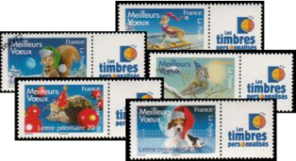 Série Meilleurs Voeux Animalier tirage gommé - 5 timbres TVP 20g - lettre prioritaire multicolore  logo TPP