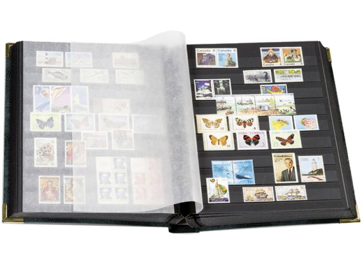 Classeur album pour timbres A4 premium, 64 pages noires, avec etui,  couverture ouatinée en cuir