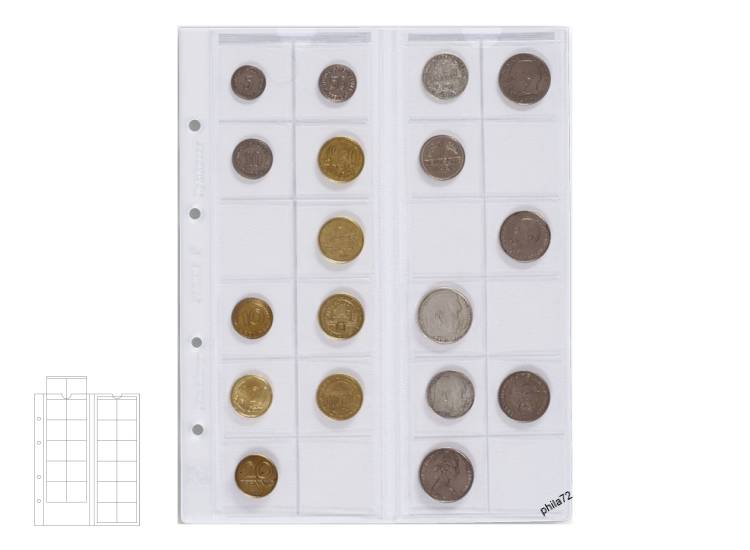 Feuilles numismatiques Optima pour 6 monnaies sous étuis carton. 