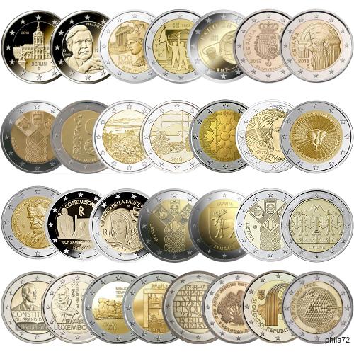 Lot des 29 pièces 2 euros commémoratives communes 2018 UNC - sans